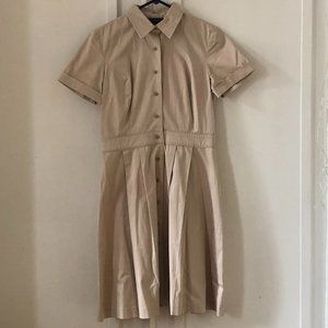 Button-Up Kaki Midi Brooks Brothers Dress w Cuffed Sleeves and Pleats (Size 2)